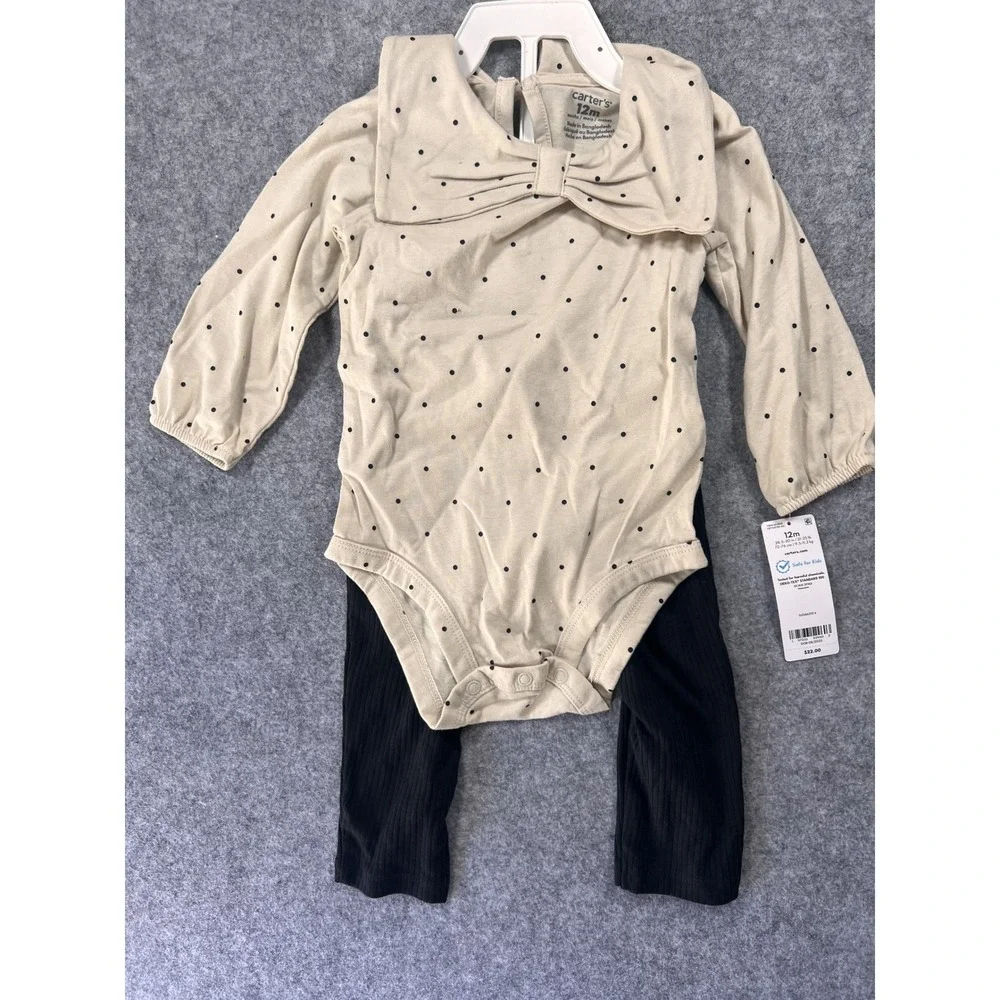 Carter's‎ Polka Dot Bow Set 12M Tan Black 2-Piece Bodysuit and Leggings